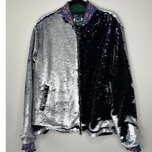 Libertine Silver Black Reversible Sequin Front Zip Long Sleeve Bomber Jacket XL